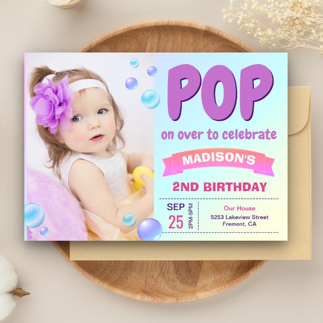 Bubbles Theme Girls Photo Bubble Birthday Party Invitation (Creator Uploaded)