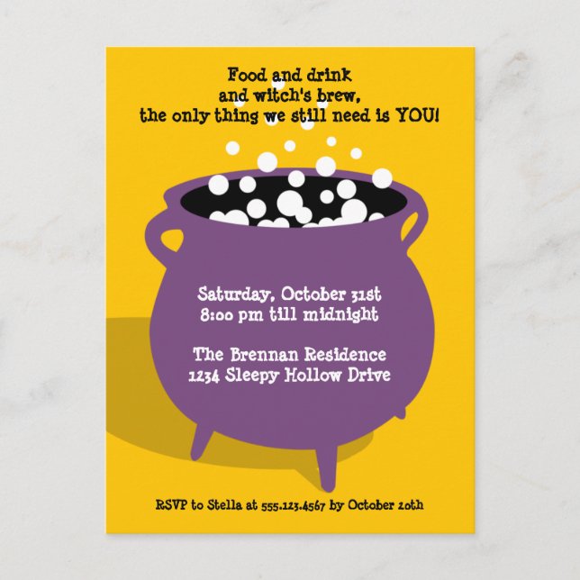 Bubbling cauldron potion yellow Halloween party Invitation Postcard (Front)