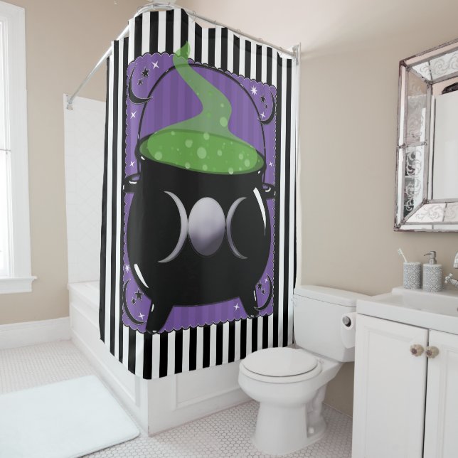 Bubbling Magic Cauldron Whimsical Witch Halloween Shower Curtain (In Situ)