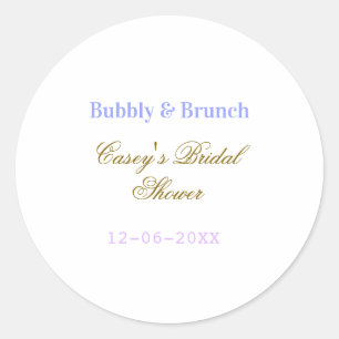 Bubbly and brunch bridal shower name date purple g classic round sticker