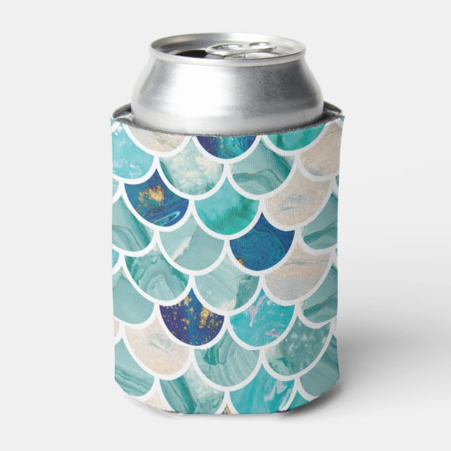 Bubbly Aqua turquoise marble mermaid fish scales Can Cooler (Can Front)