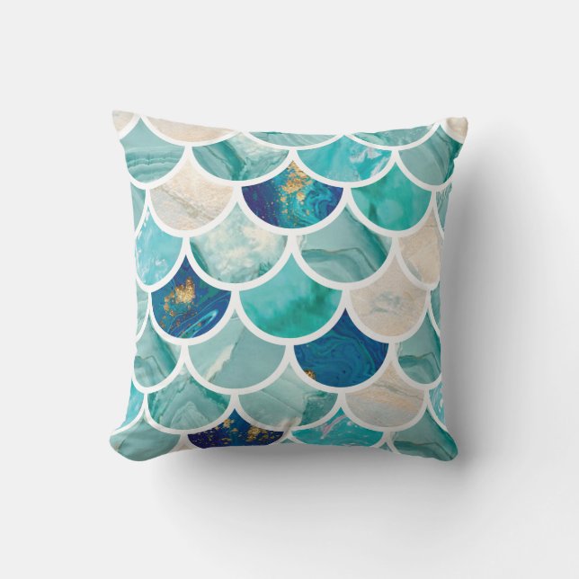 Bubbly Aqua turquoise marble mermaid fish scales Cushion (Front)