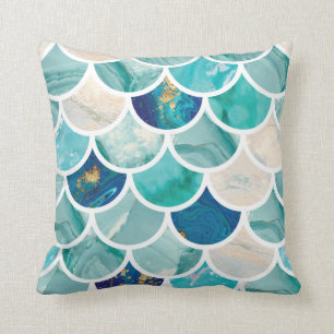 Bubbly Aqua turquoise marble mermaid fish scales Cushion