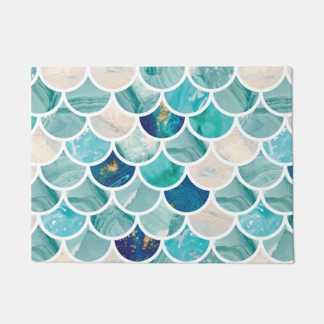 Bubbly Aqua turquoise marble mermaid fish scales Doormat (Front)