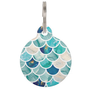 Bubbly Aqua turquoise marble mermaid fish scales Pet Tag