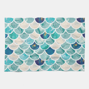 Bubbly Aqua turquoise marble mermaid fish scales Tea Towel