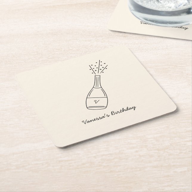 Bubbly Birthday Wishes Popping Champagne Bottle Square Paper Coaster (Angled)