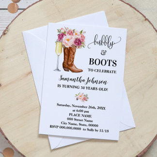 Bubbly & Boots Pink Flowers Birthday Invitation