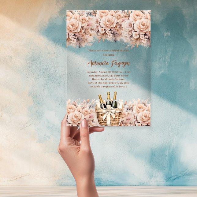 Bubbly brunch beige peach roses Bridal Shower Acrylic Invitations (Creator Uploaded)