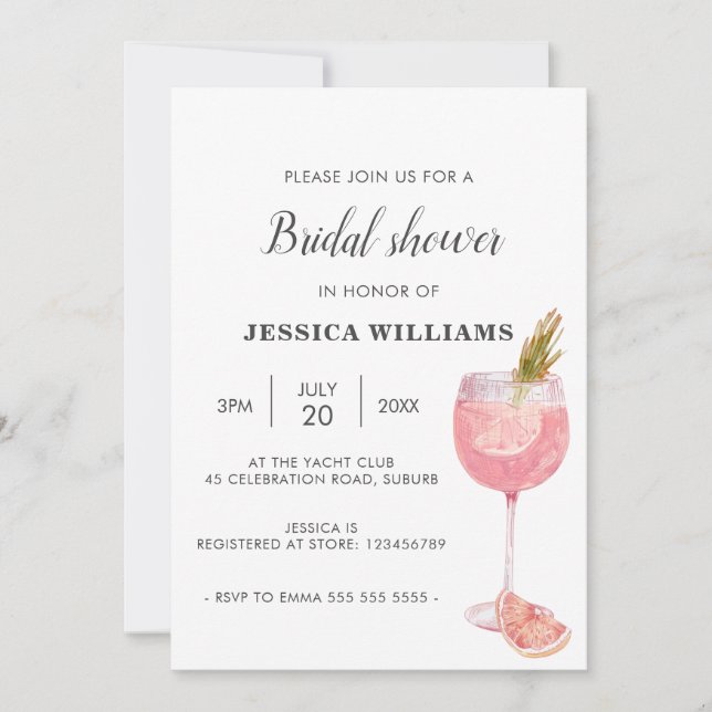 Bubbly Brunch Elegant Pink Cocktail Bridal Shower Invitation (Front)
