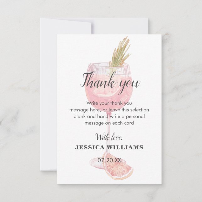Bubbly Brunch Elegant Pink Cocktail Bridal Shower Thank You Card (Front)