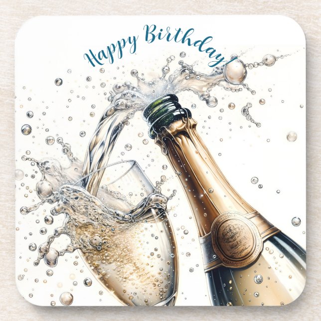 Bubbly champagne Happy Birthday Coaster (Front)