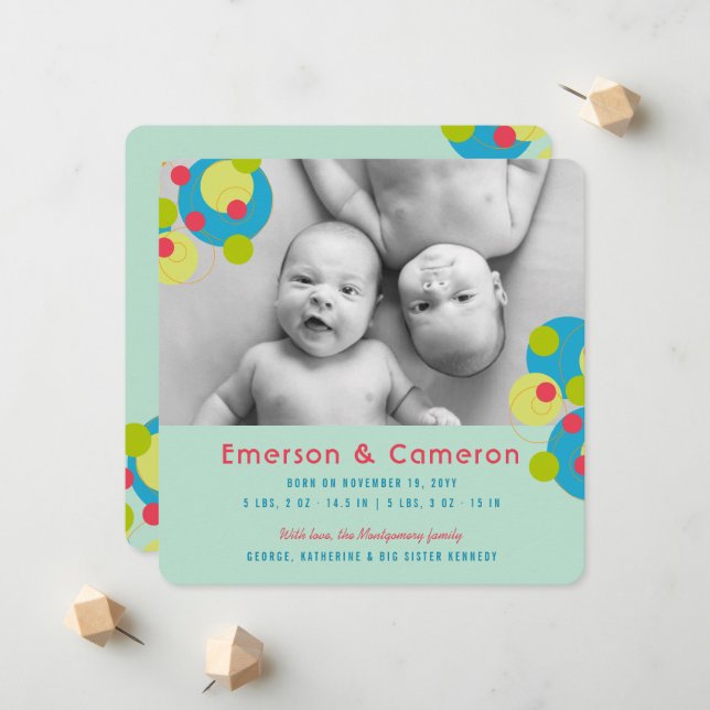 Bubbly Circles Baby Twins Photo Birth Announcement (Front/Back In Situ)