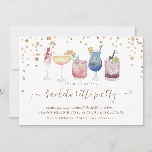 Bubbly Cocktails Gold Glitter Bachelorette Party Invitation (Front)