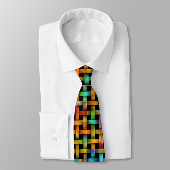 Bubbly Colors Wood Weave Pattern on Black Tie (Tied)