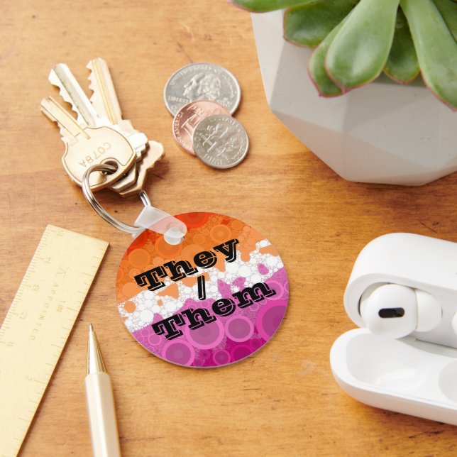 Bubbly Customisable Pronoun Lesbian Pride Flag Key Ring (Desk)