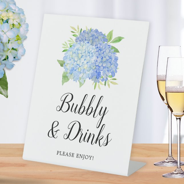 Bubbly & Drinks Bridal Shower Blue Hydrangea Bar Pedestal Sign (Creator Uploaded)