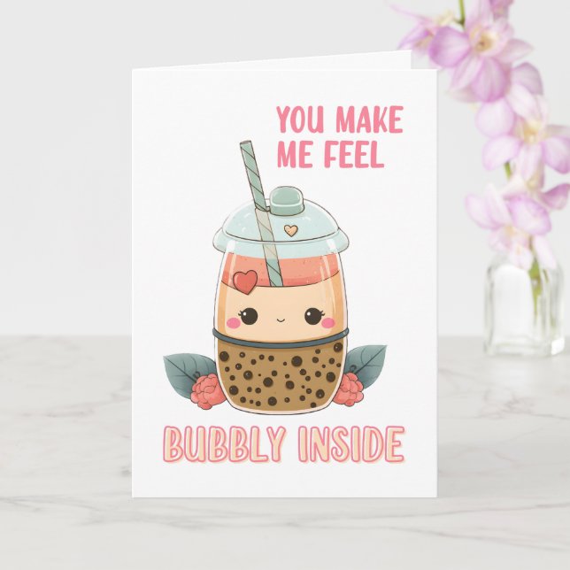 Bubbly Pink Boba bubble tea cup cute Valentines  Card (Orchid)