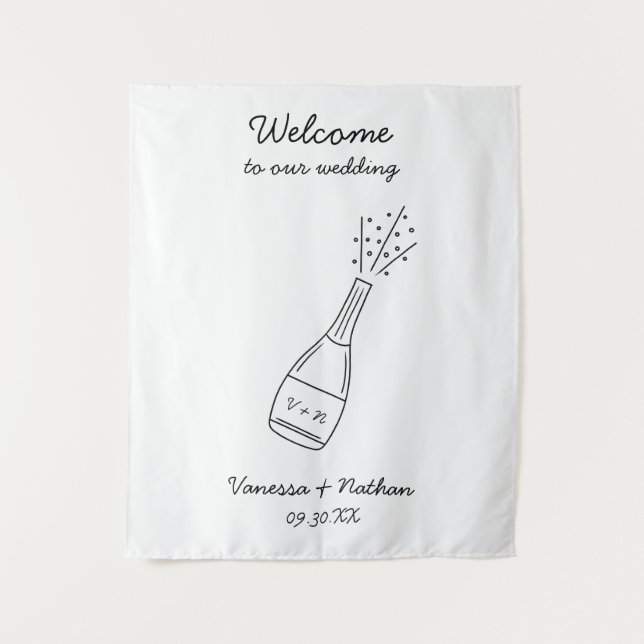 Bubbly Popping Champagne Bottle Wedding Welcome Tapestry (Front)