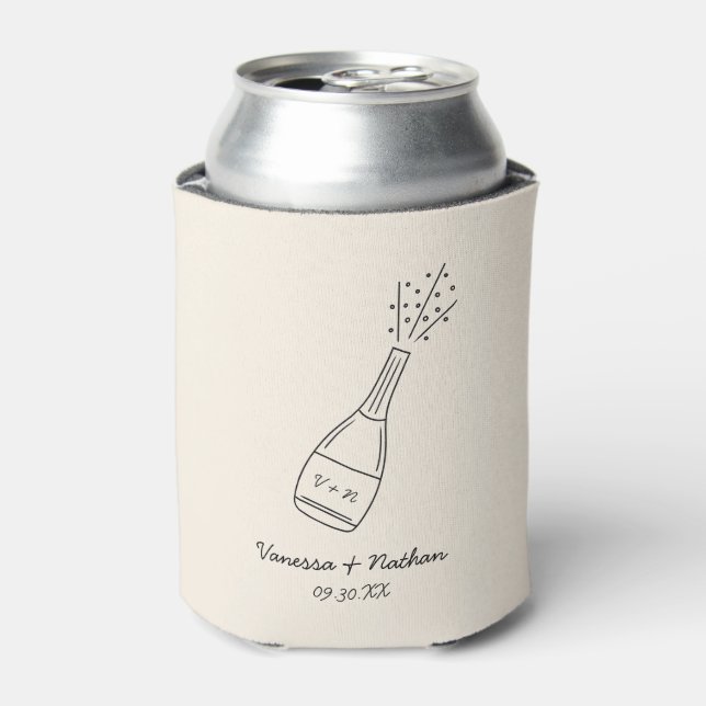Bubbly Popping Champagne Bottle Whimsical Wedding Can Cooler (Can Front)