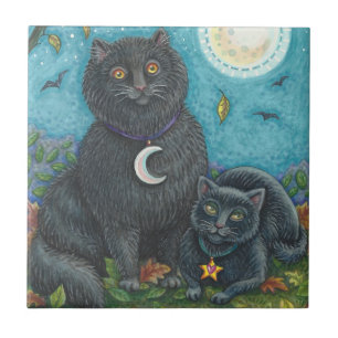 BUBO & PYEWACKET BLACK CATS, HALLOWEEN FOLK ART CERAMIC TILE