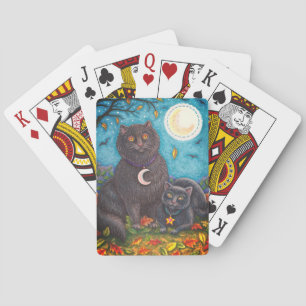 BUBO & PYEWACKET BLACK CATS, HALLOWEEN FOLK ART PLAYING CARDS