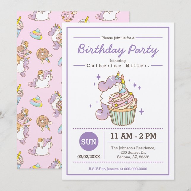 Bubu and Moonch Unicorn Birthday Invitation (Front/Back)