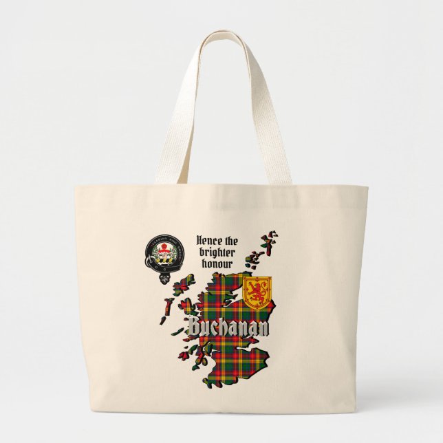 Buchanan Clan Badge  & Tartan Map of Scotland  Lar Large Tote Bag (Front)