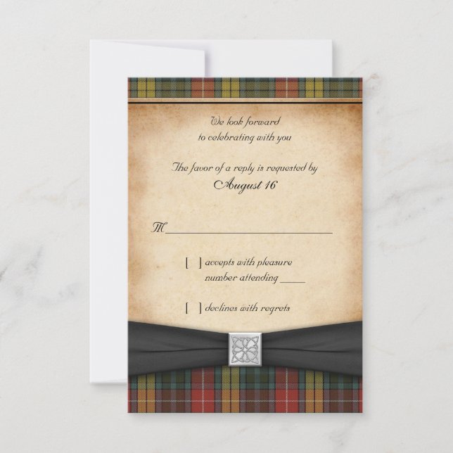 Buchanan Weathered Tartan Wedding Reply RSVP Card (Front)