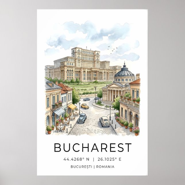 Bucharest Cityscape Art Print Hand-Drawn (Front)