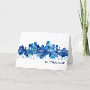 Bucharest Romania Skyline Blue Holiday Card
