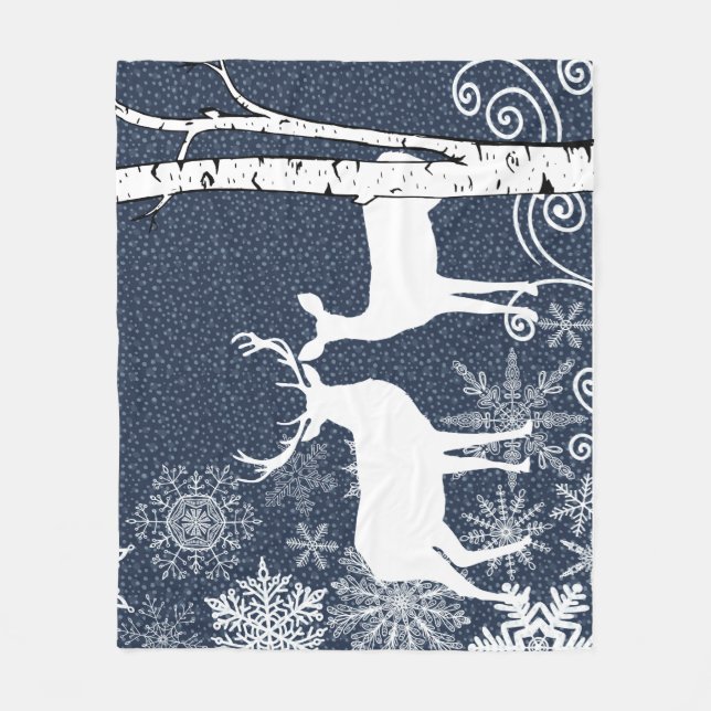 Buck and Doe Deer Birch Forest Fleece Blanket (Front)