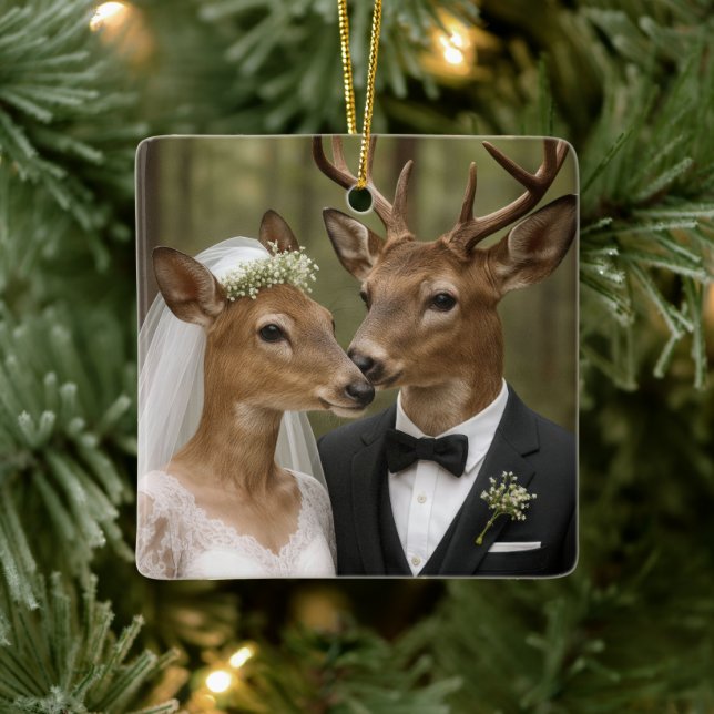 Buck and Doe Deer Wedding In Forest Ceramic Ornament (Tree)