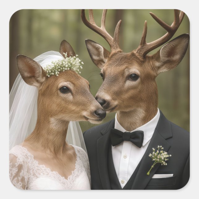 Buck and Doe Deer Wedding In Forest Square Sticker (Front)