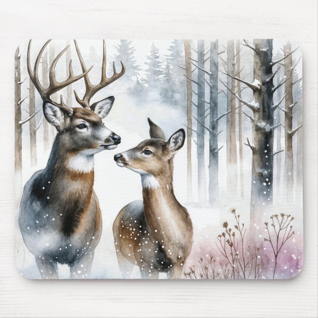 Buck and Doe In Winter Woods Mouse Pad (Front)