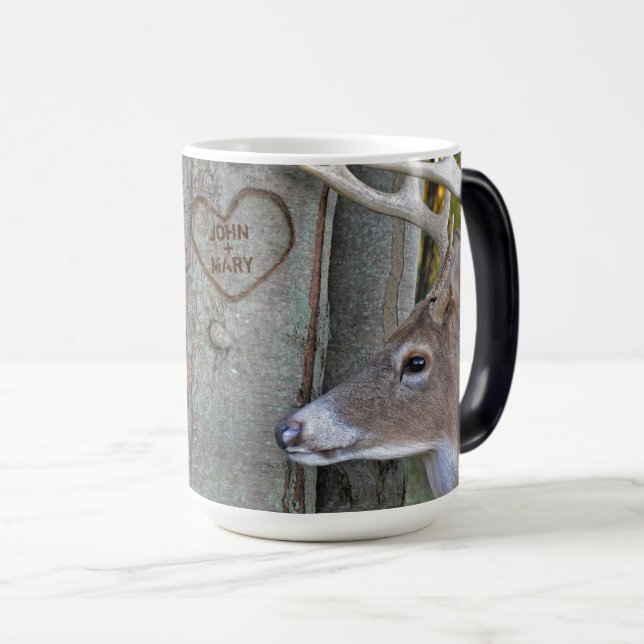 buck and doe with heart on tree with names magic mug (Front Right)