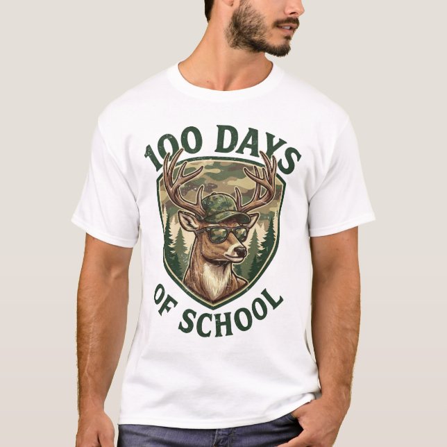 Buck Deer 100 Days of School Camo Student Teacher T-Shirt (Front)