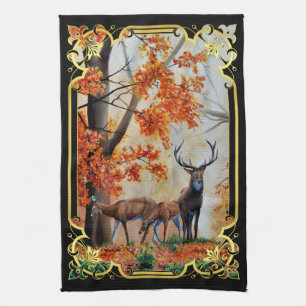 Buck Deer and doe in Autumn forest/fancy design Tea Towel