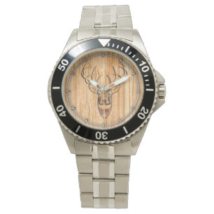 Buck Deer Head Wood Grain Style Watch