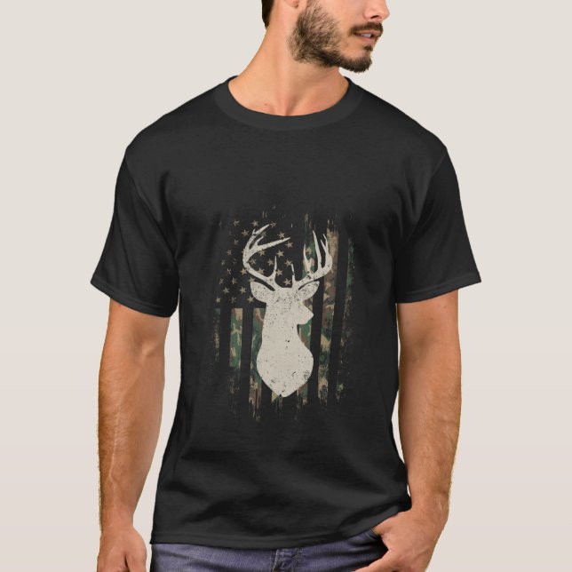 Buck Deer Hunting Camouflage Flag Hunter American  T-Shirt (Front)