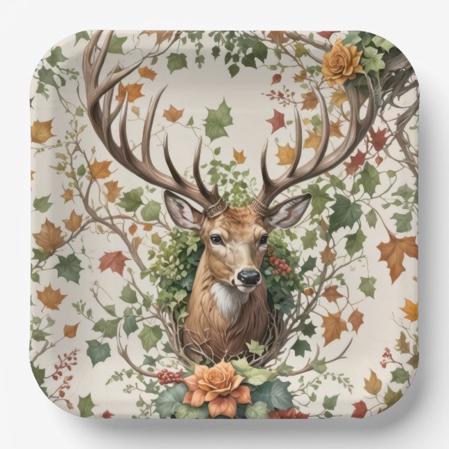 Buck Deer In Autumn Flowers Paper Plate (Front)