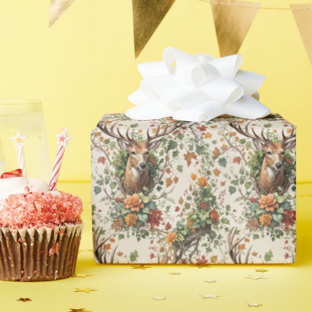 Buck Deer In Autumn Flowers Wrapping Paper (Birthday Party)