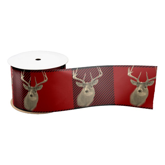Buck Deer on Buffalo Plaid Satin Ribbon (Spool)