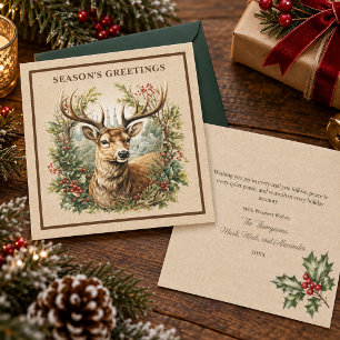 Buck Deer Rustic Elegant Woodland Burlap Luxury Holiday Card