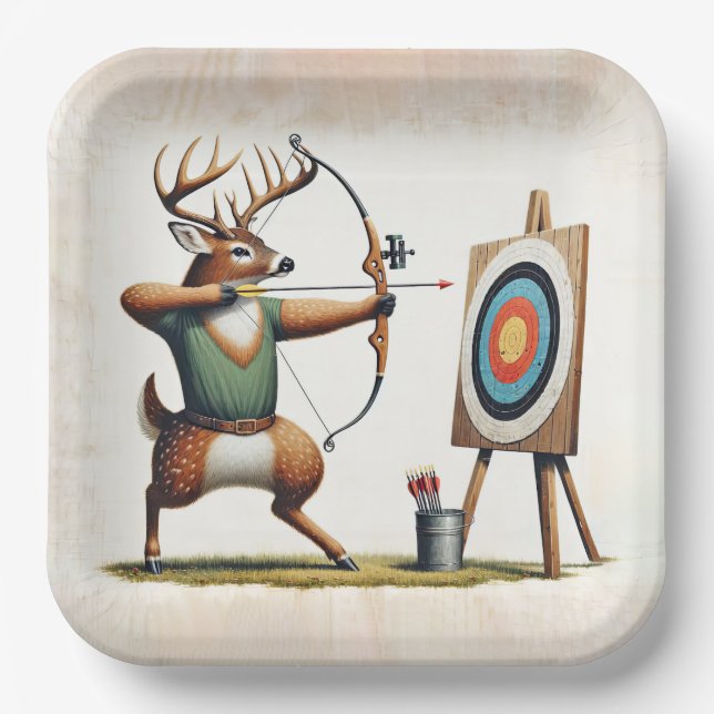 Buck Deer Shooting a Bow and Arrow Paper Plate (Front)