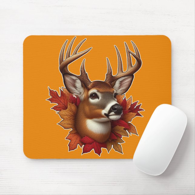 Buck Deer Surrounded by Autumn Leaves Mouse Pad (With Mouse)