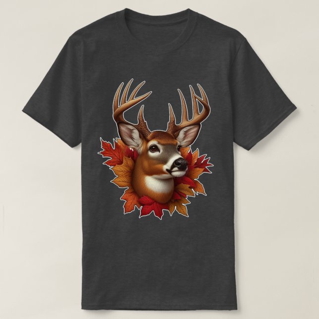 Buck Deer Surrounded by Autumn Leaves T-Shirt (Design Front)