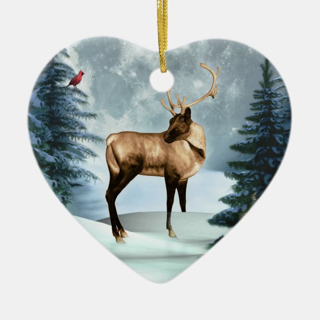 Buck Deer Winter Scene Heart Ornament (Front)