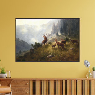 Buck & Doe Deer Herd In Forest Landscape Art Canvas Print