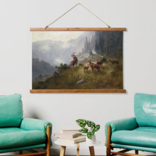 Buck & Doe Deer Herd In Forest Landscape Art Hanging Tapestry